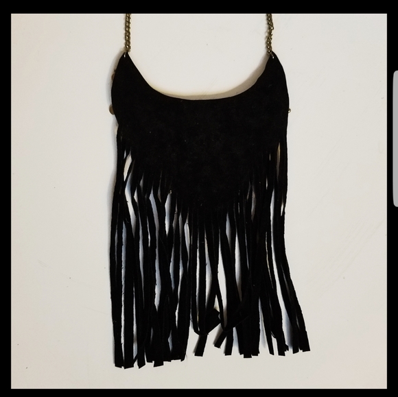 Black Suede Fringe Bib Necklace - Picture 5 of 5